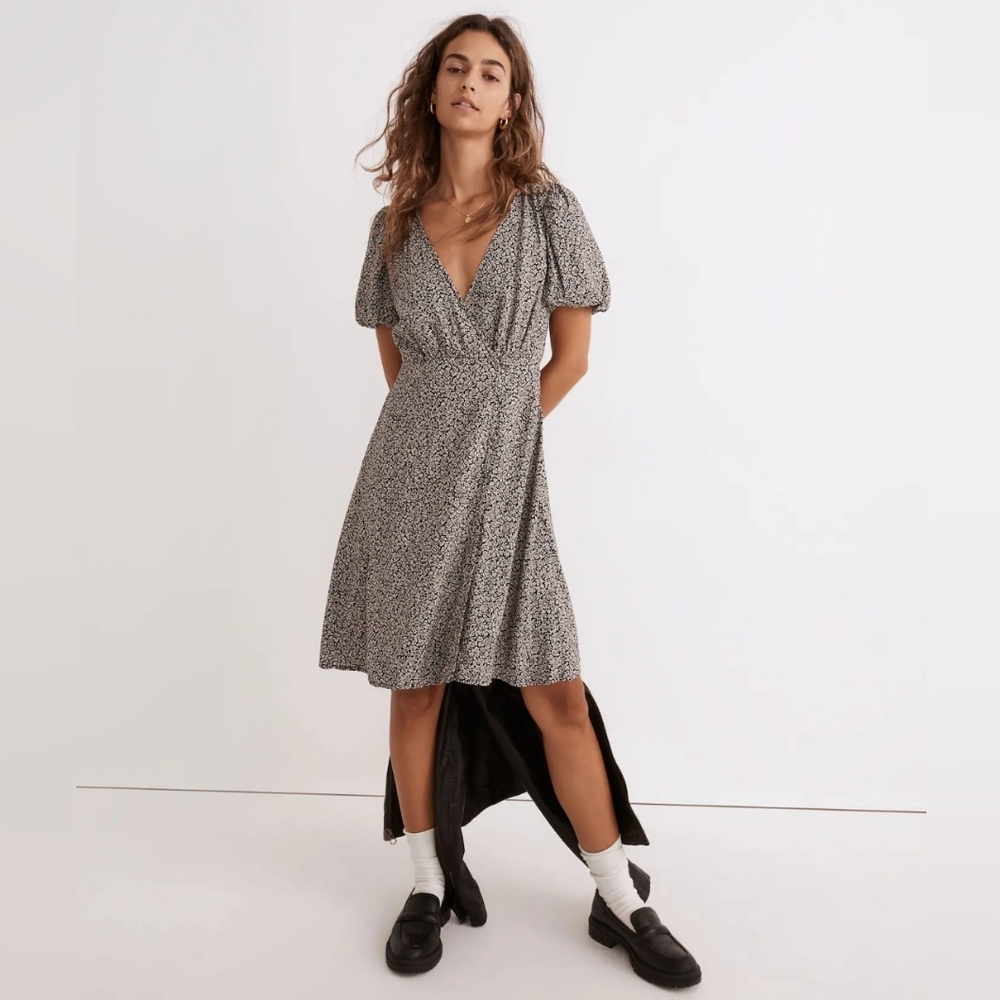 NWOT Madewell Challis Wrap Mini Dress Black and White Size 0